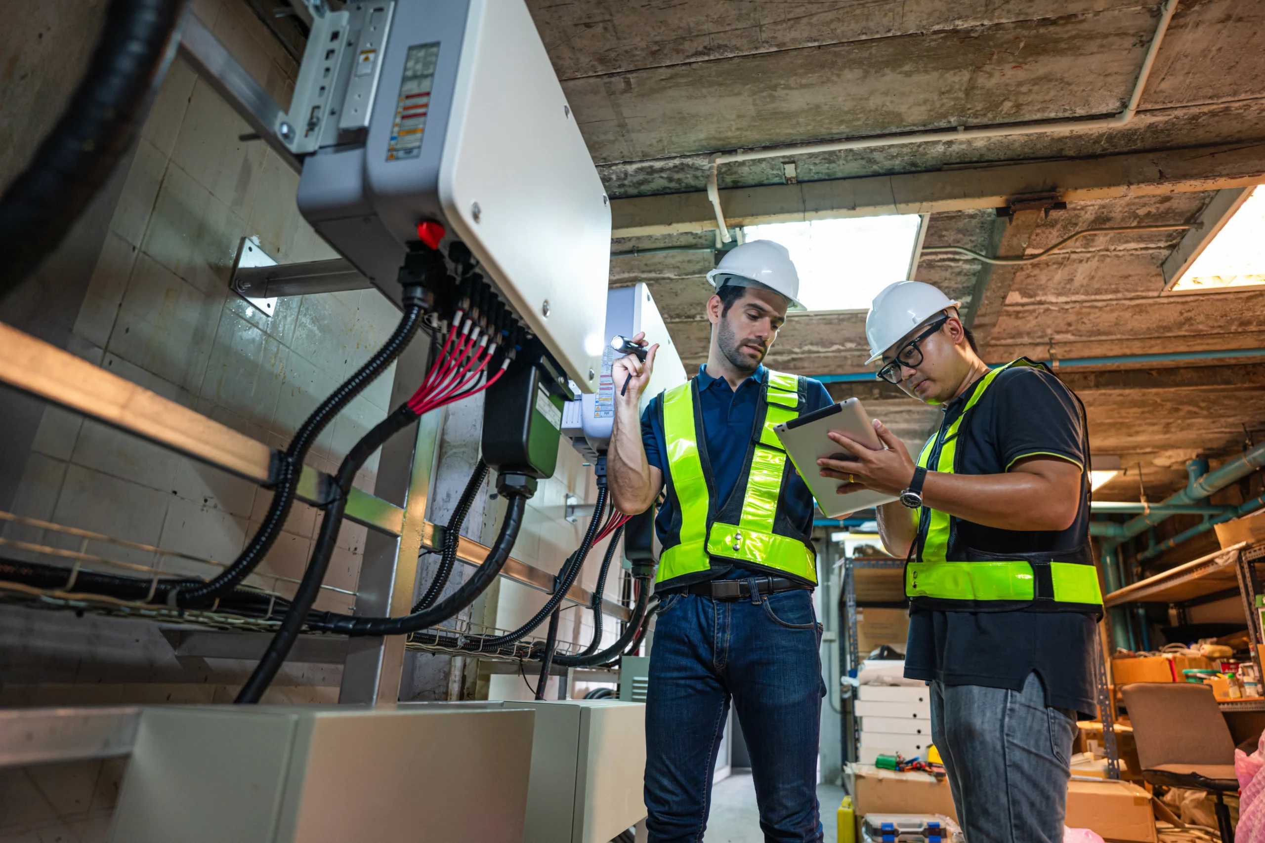 Electrician inspecting a commercial electrical installation